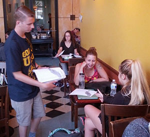 Speaking with students on campus